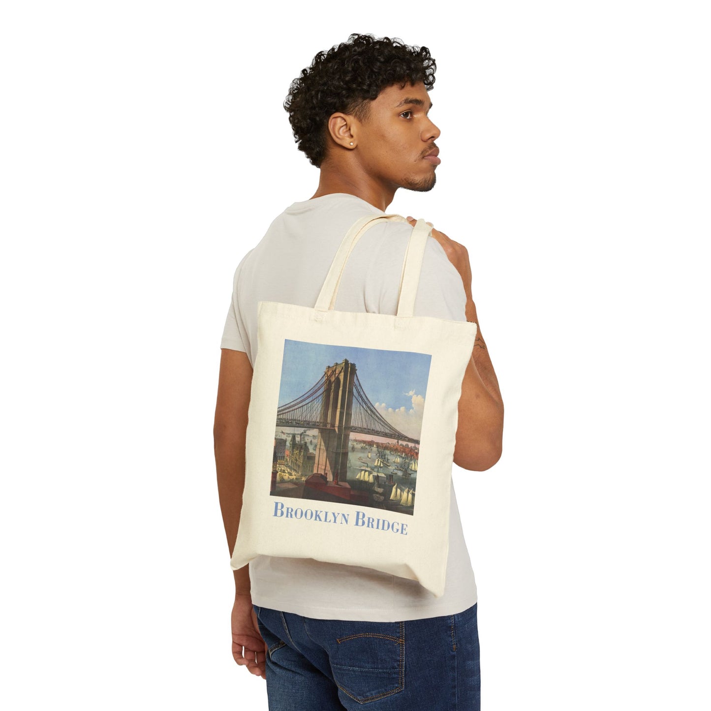 Vintage Brooklyn Bridge Cotton Canvas Tote Bag-Blue